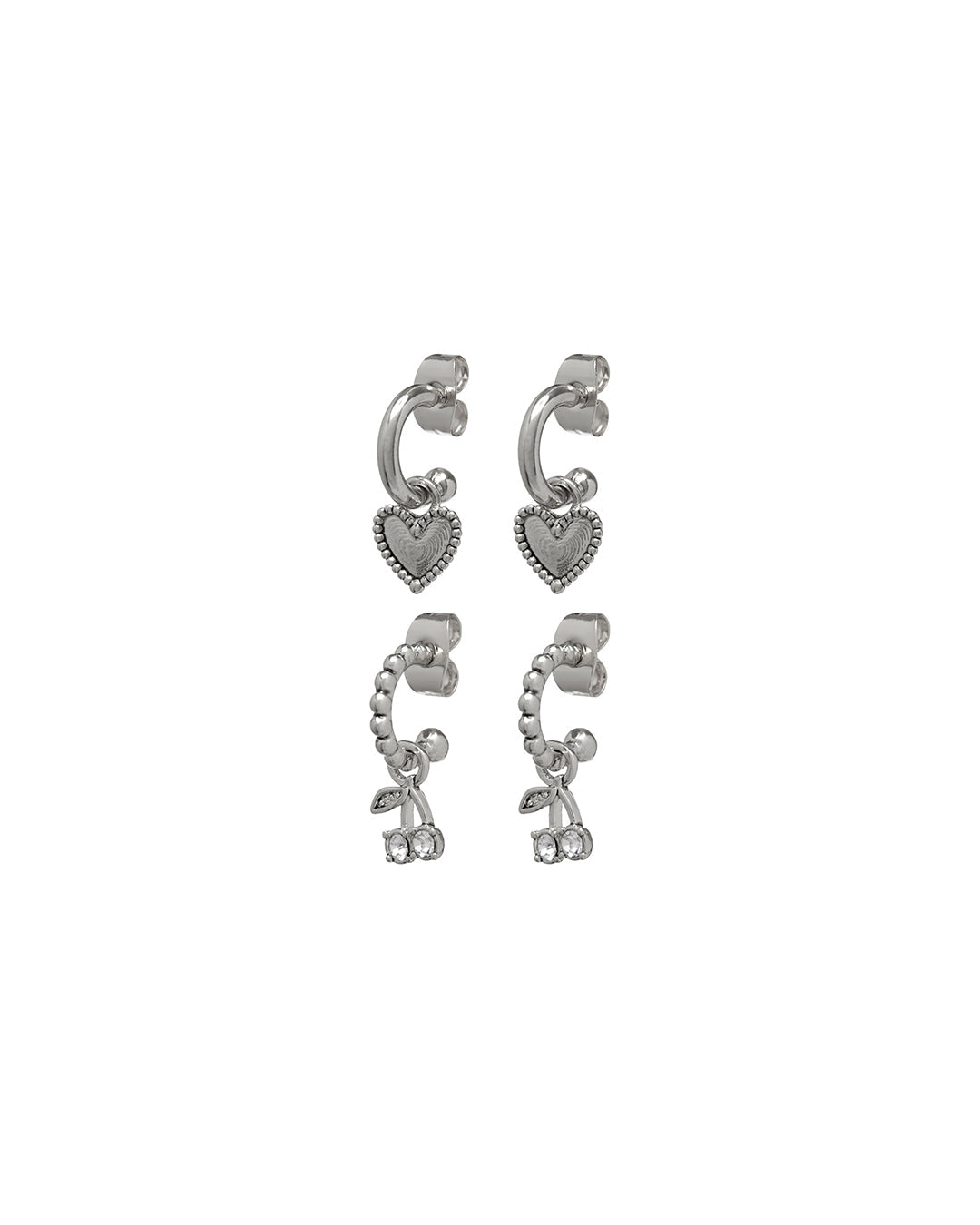 Cherry + Heart Studded Huggies - Silver - Earrings
