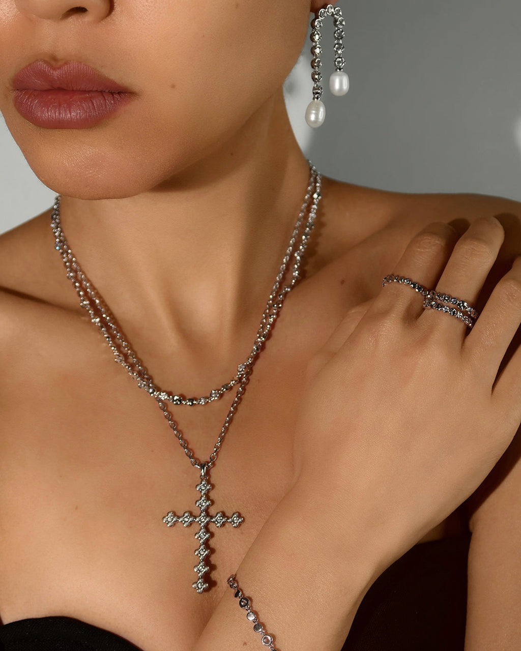 Daisy Stud Cross Necklace — alternate angle 2