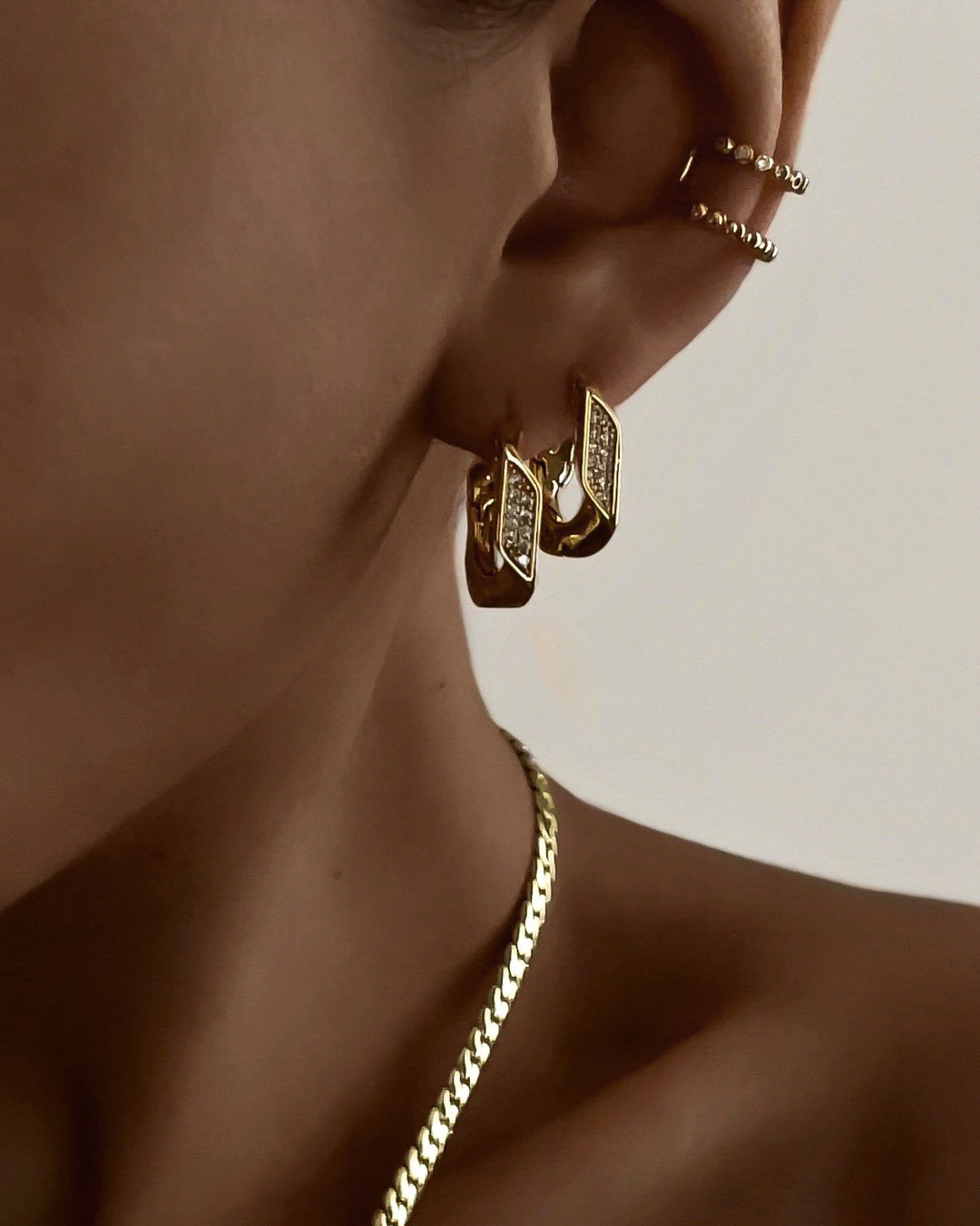 Pavé Cuban Link Hoops - Gold — alternate angle