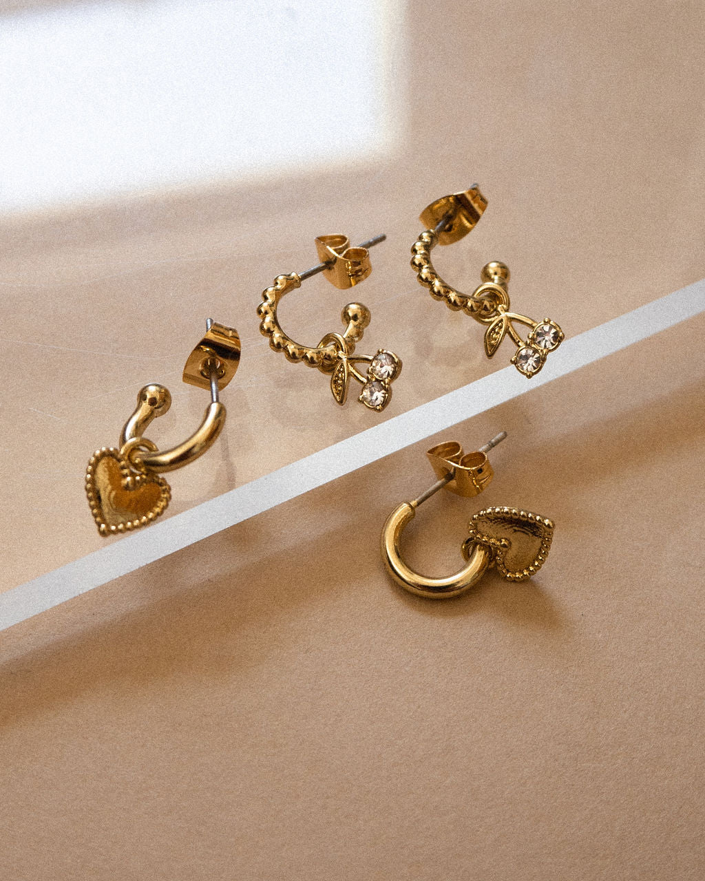 Cherry + Heart Studded Huggies - Gold - Earrings — alternate view